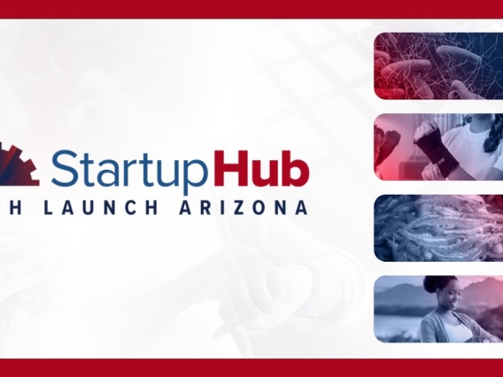 StartupHub promotional image containing the StartupHub logo and smaller images displaying topics addressed by the site's opportunities, such as bacteria, shrimp, and a wrist injury.