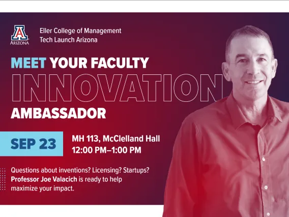 Promotion for the "Meet Your Faculty Innovation Ambassador" event with a photo of Joe Valacich.