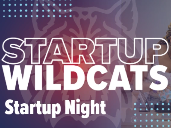 Fading blue to red background with the Wildcat image and the words Startup Wildcats Startup Night in white text. 