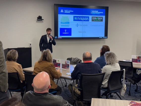 Justin Smith pitches his startup, Lazy River Hydro-Towers.