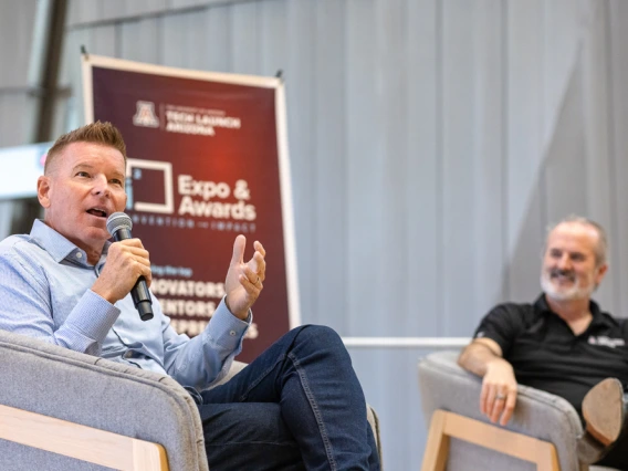 Gregg Scoresby and Doug Hockstad discuss launching and funding startups at the opening fireside chat.