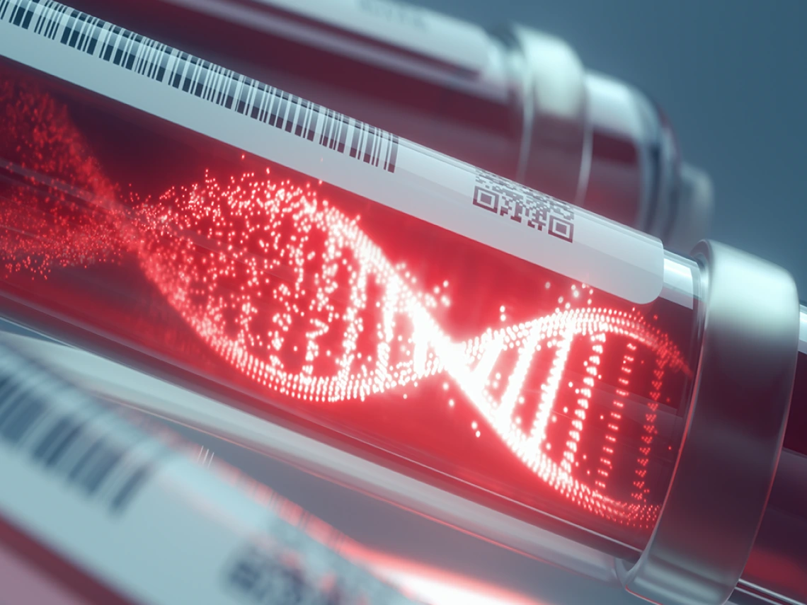 DNA double helix suprimposed on a vial of blood for testing.