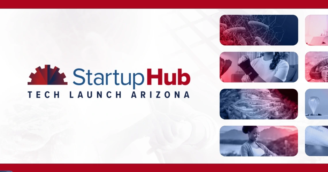 StartupHub promotional image containing the StartupHub logo and smaller images displaying topics addressed by the site's opportunities, such as bacteria, shrimp, and a wrist injury.