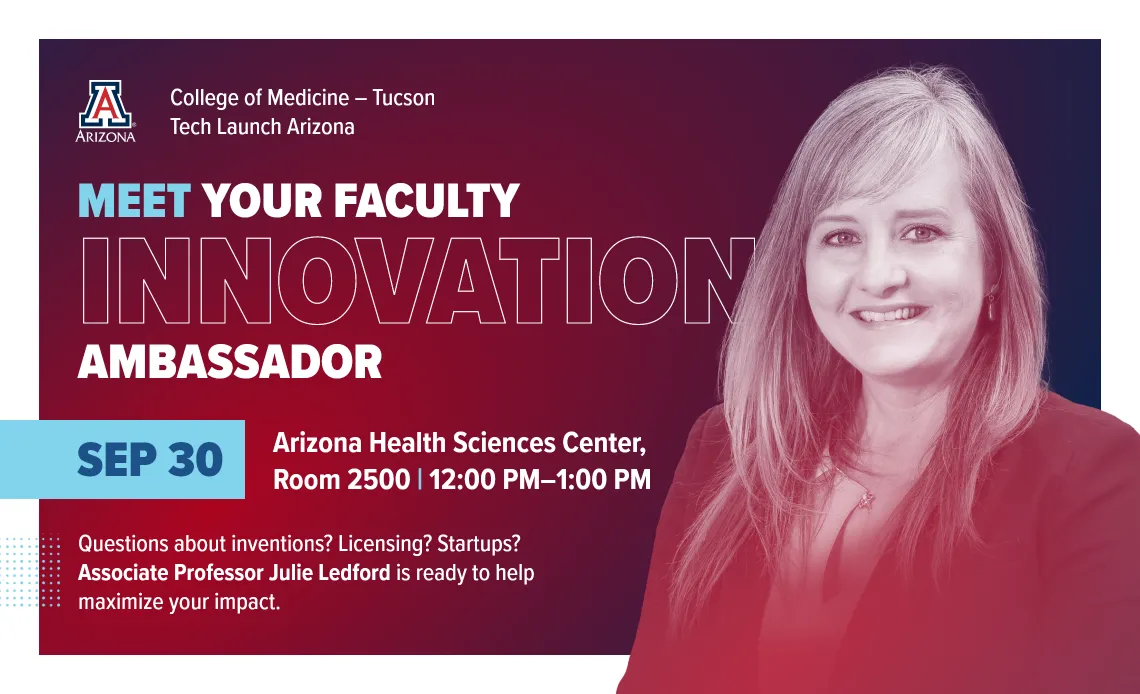 Promotion for the "Meet Your Faculty Innovation Ambassador" event with a photo of Julie Ledford..