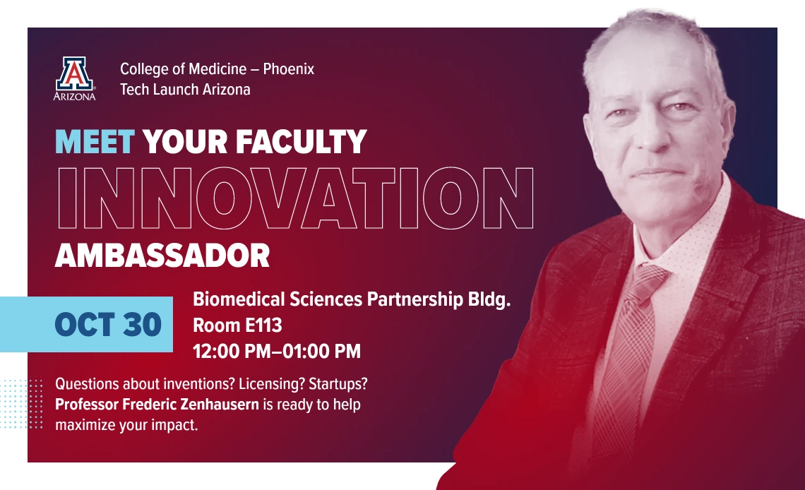 Promotion for the "Meet Your Faculty Innovation Ambassador" event with a photo of Frederic Zenhausern..