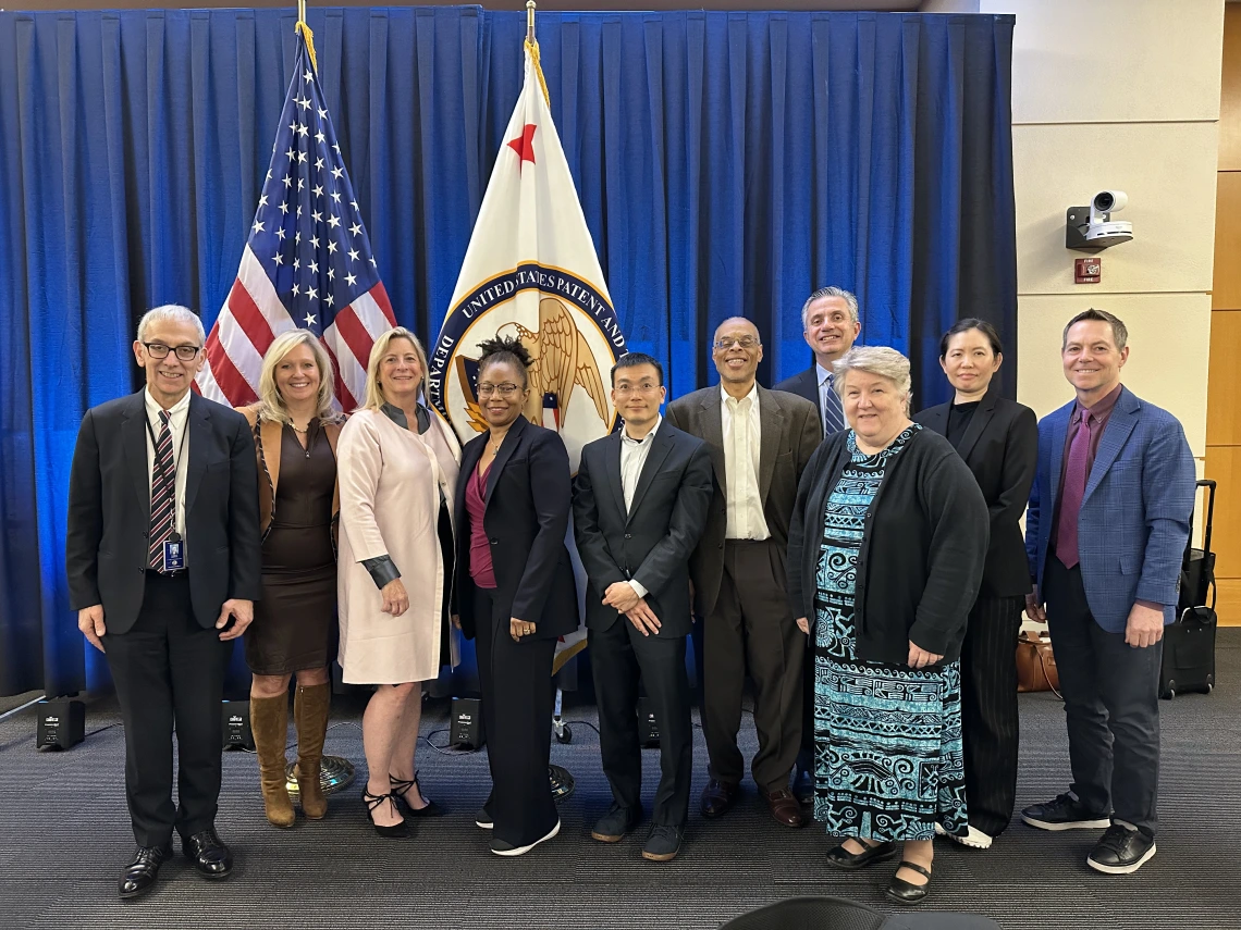 The members of the PPAC at their Fall 2024 meeting in Washington, DC. From left to right: Dr. Marvin Slepian, Heidi Nebel, Suzanne Harrison, Loletta Darden, Charles Duan, Lateef Mtima, Henry Hadad, Kathleen Duda, Olivia Tsai, and Earl “EB” Bright. 