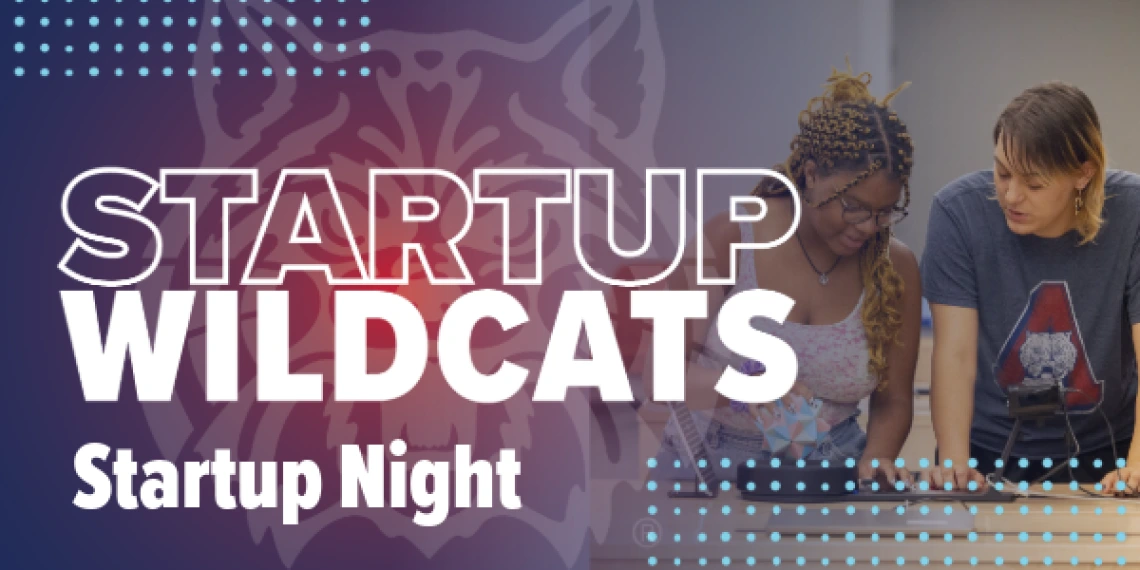 Fading blue to red background with the Wildcat image and the words Startup Wildcats Startup Night in white text. 