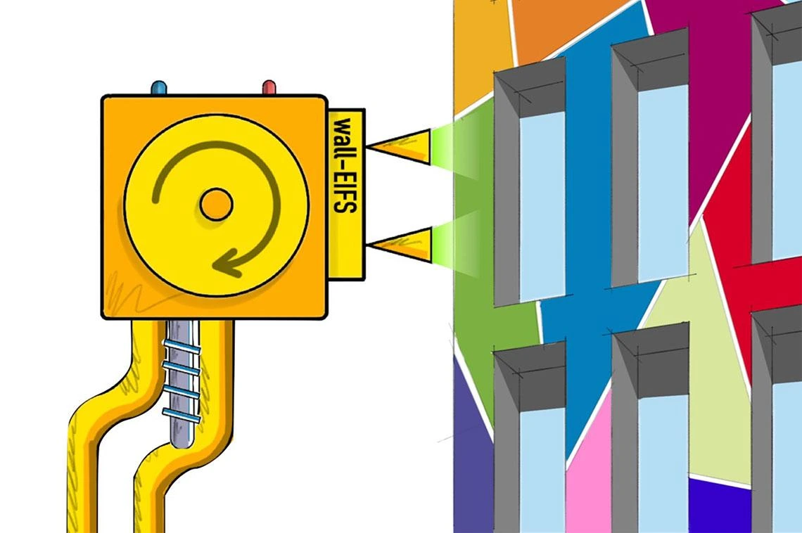 wall-EIFS, a robotically applied, 3D-sprayable exterior insulation and finish system for building envelope retrofits. Graphic courtesy Jonathan Bean and Wolfgang Fink.