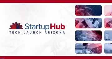 Promo graphic for the StartupHub with the words, StartupHub, Tech Launch Arizona. Contains small images representing each startup opportunity, including bacteria, a woman wearing a wrist brace, shrimp, and a pregnant woman. 