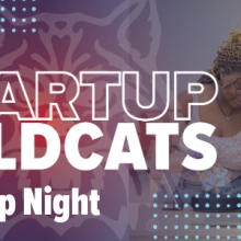 Fading blue to red background with the Wildcat image and the words Startup Wildcats Startup Night in white text. 