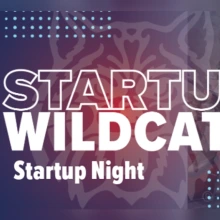 Fading blue to red background with the Wildcat image and the words Startup Wildcats Startup Night in white text. 