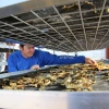 Research technician Hunter Clarke examining dried seaweed in the drying tower.